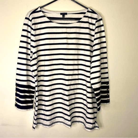 Talbots Black White Striped 3/4 Length Sleeve Shirt XL Classic Mature Preppy - Picture 1 of 13